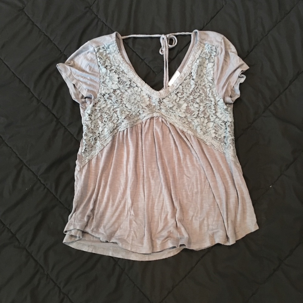 Boho Dusty Blue Cotton and Lace Tee Size Small